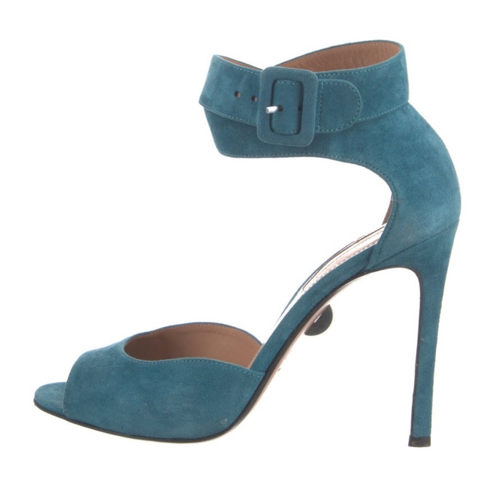 Blue Teal Suede Heels with Stiletto and Ankle Strap